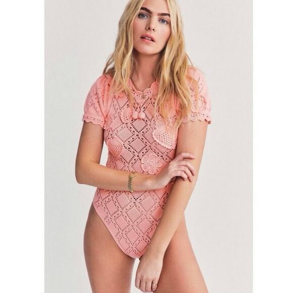 LoveShackFancy Tops - LoveShackFancy NWT Forte Small Peach Pink Strawberry Appliqué Knit Bodysuit